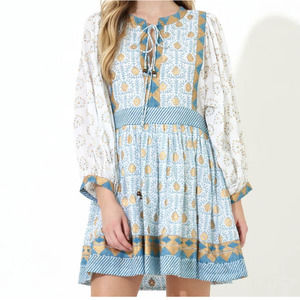 Oliphant Turquoise Vine Balloon Sleeve Tie Front Mini Dress XS